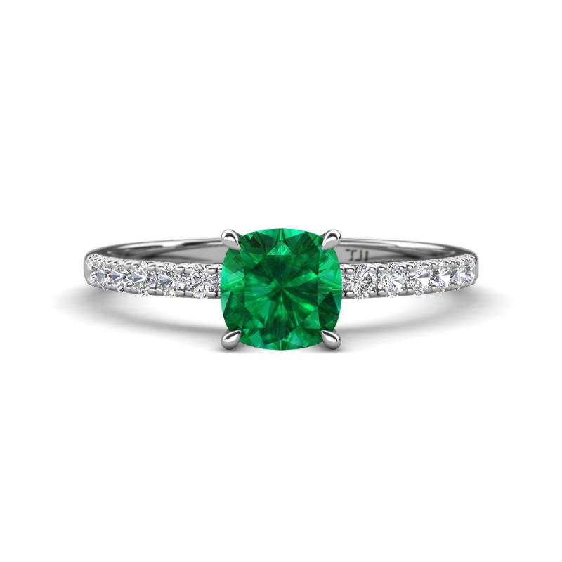 Aurin 6.00 mm Cushion Shape Lab Created Emerald and Diamond Engagement Ring 