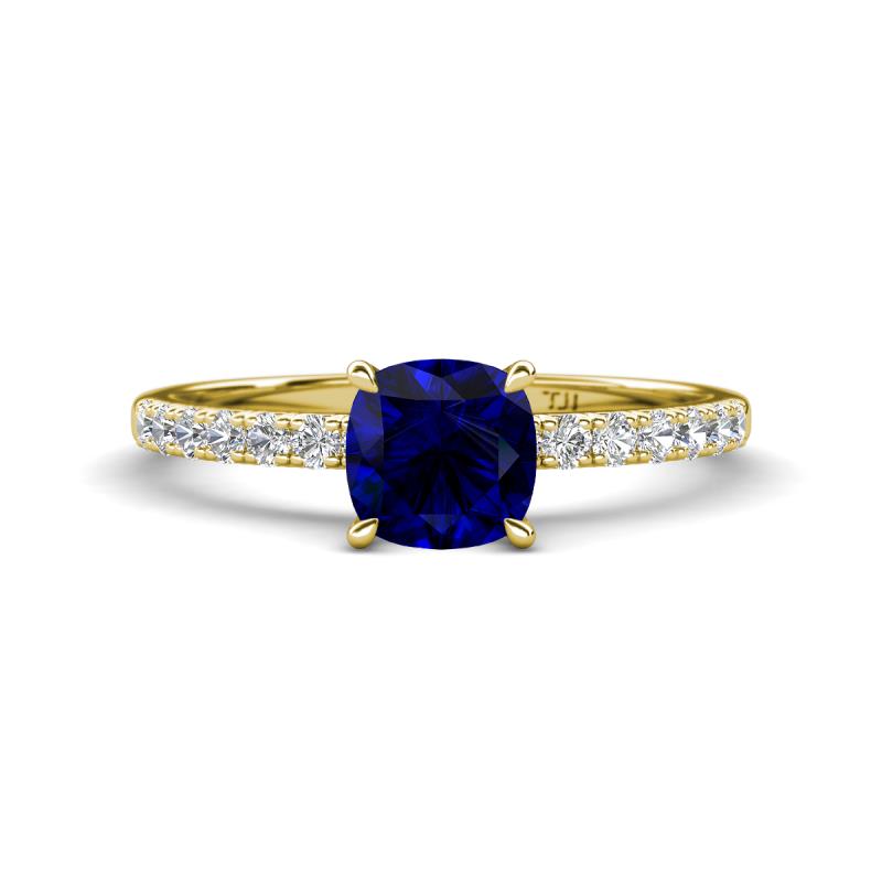 Aurin 6.00 mm Cushion Shape Lab Created Blue Sapphire and Diamond Engagement Ring 