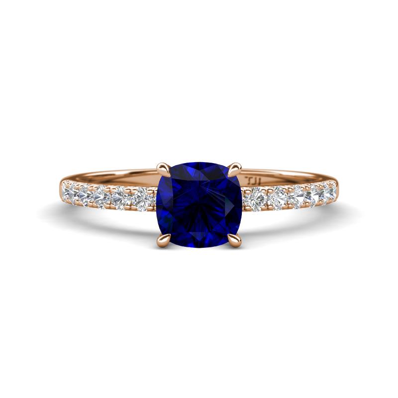 Aurin 6.00 mm Cushion Shape Lab Created Blue Sapphire and Diamond Engagement Ring 