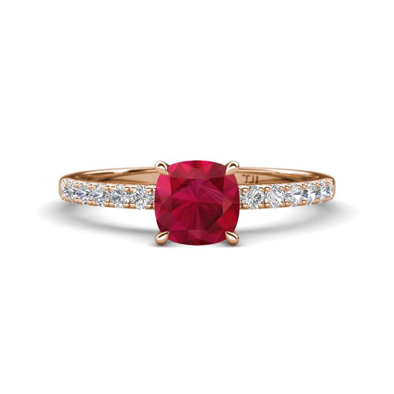 Aurin 6.00 mm Cushion Shape Lab Created Ruby and Diamond Engagement Ring 