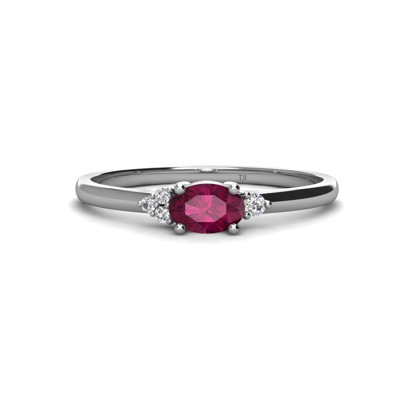 Vera 6x4 mm Oval Shape Rhodolite Garnet and Round Diamond Promise Ring 