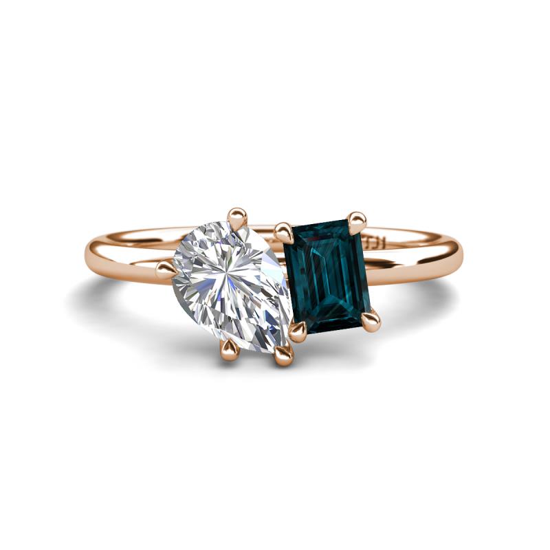 Nadya Pear Shape IGI Certified Lab Grown Diamond & Emerald Shape London Blue Topaz 2 Stone Duo Ring 