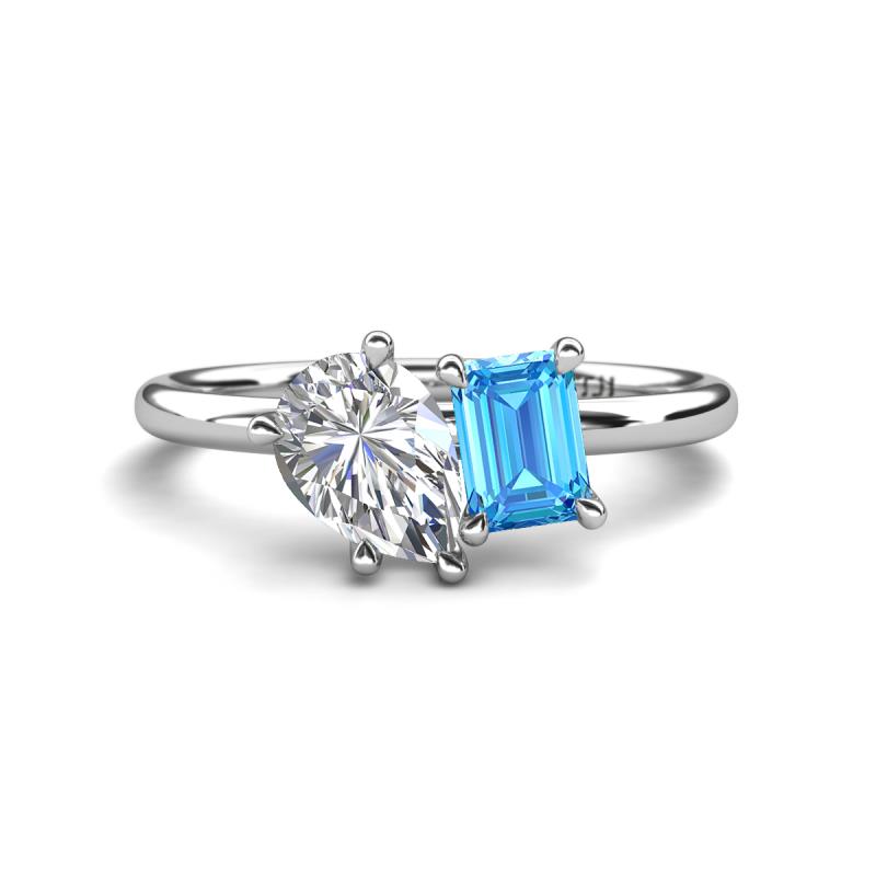 Nadya Pear Shape IGI Certified Lab Grown Diamond & Emerald Shape Blue Topaz 2 Stone Duo Ring 