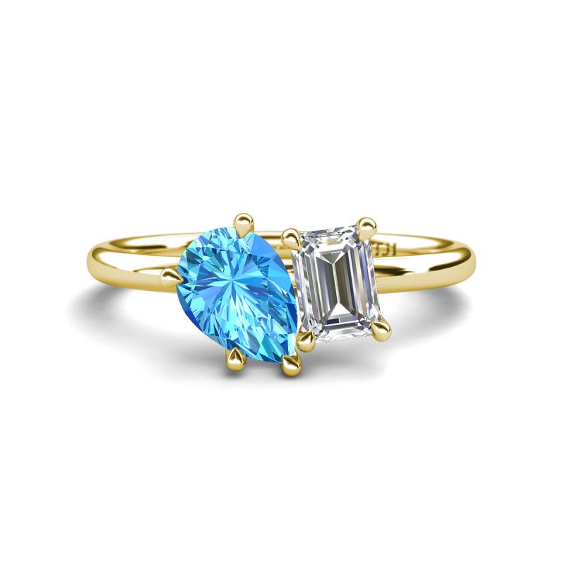 Nadya Pear Shape Blue Topaz & Emerald Shape Certified Lab Grown Diamond 2 Stone Duo Ring 