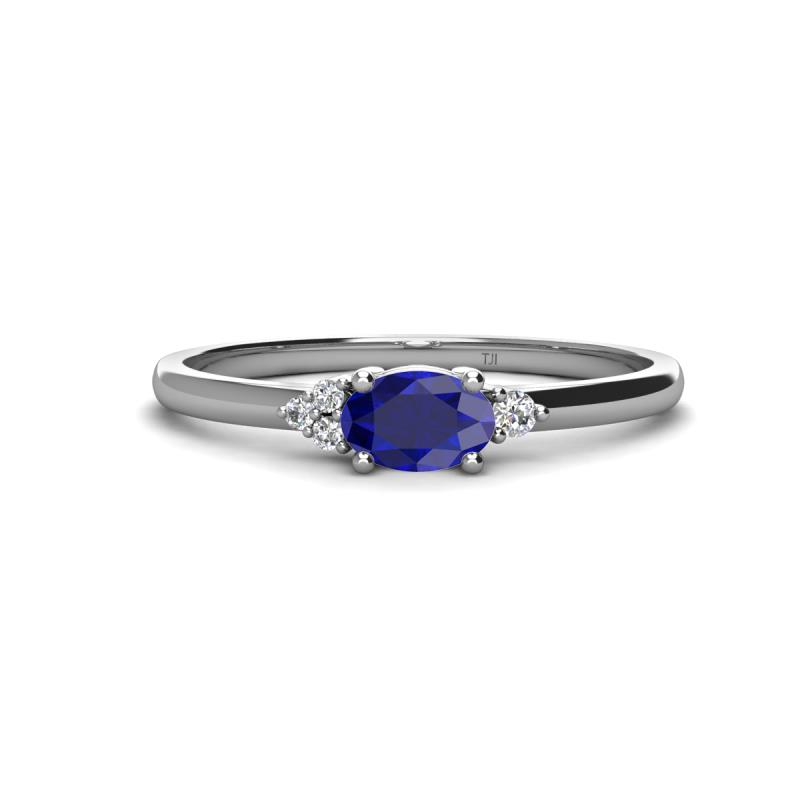 Vera 6x4 mm Oval Shape Blue Sapphire and Round Lab Grown Diamond Promise Ring 