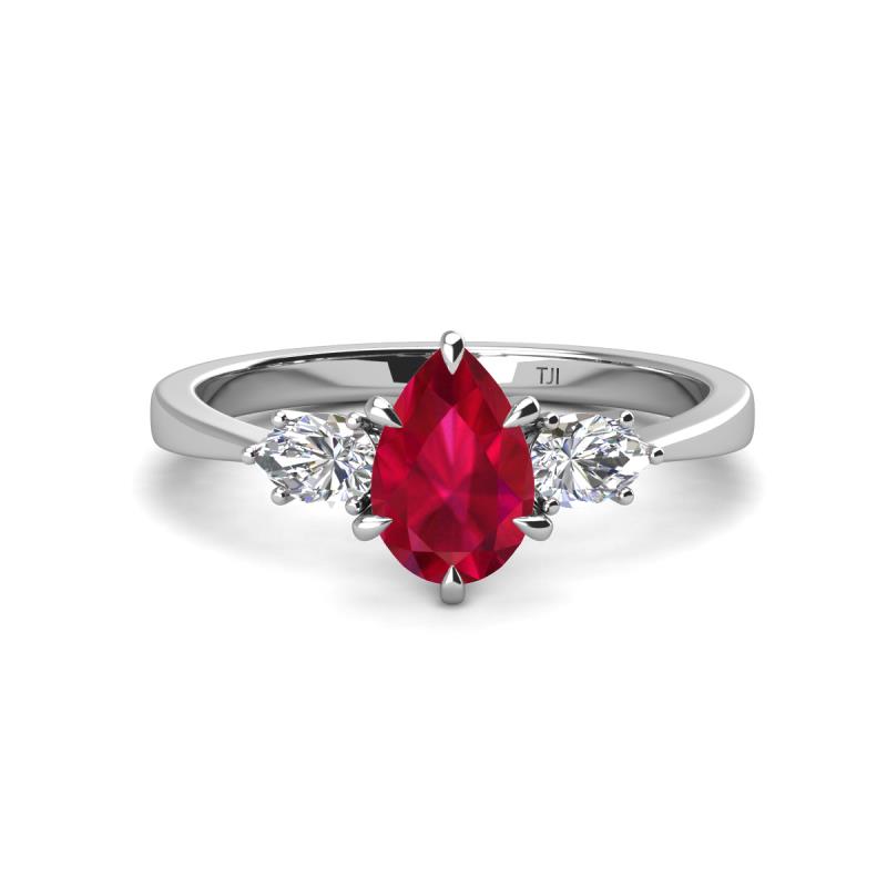 Naomi 2.95 ctw Ruby Pear Shape (9x7 mm) accented Natural Diamond Three Stone Women Engagement Ring 