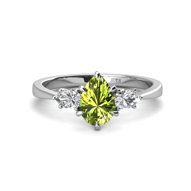 Naomi 1.90 ctw Peridot Pear Shape (9x7 mm) accented Natural Diamond Three Stone Women Engagement Ring 
