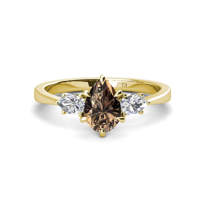Naomi 1.60 ctw Smoky Quartz Pear Shape (9x7 mm) accented Natural Diamond Three Stone Women Engagement Ring 