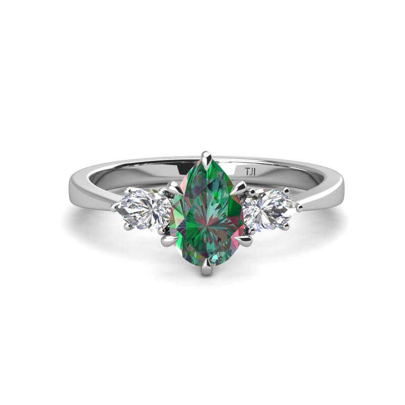 Naomi 2.03 ctw Created Alexandrite Pear Shape (9x7 mm) accented Natural Diamond Three Stone Women Engagement Ring 