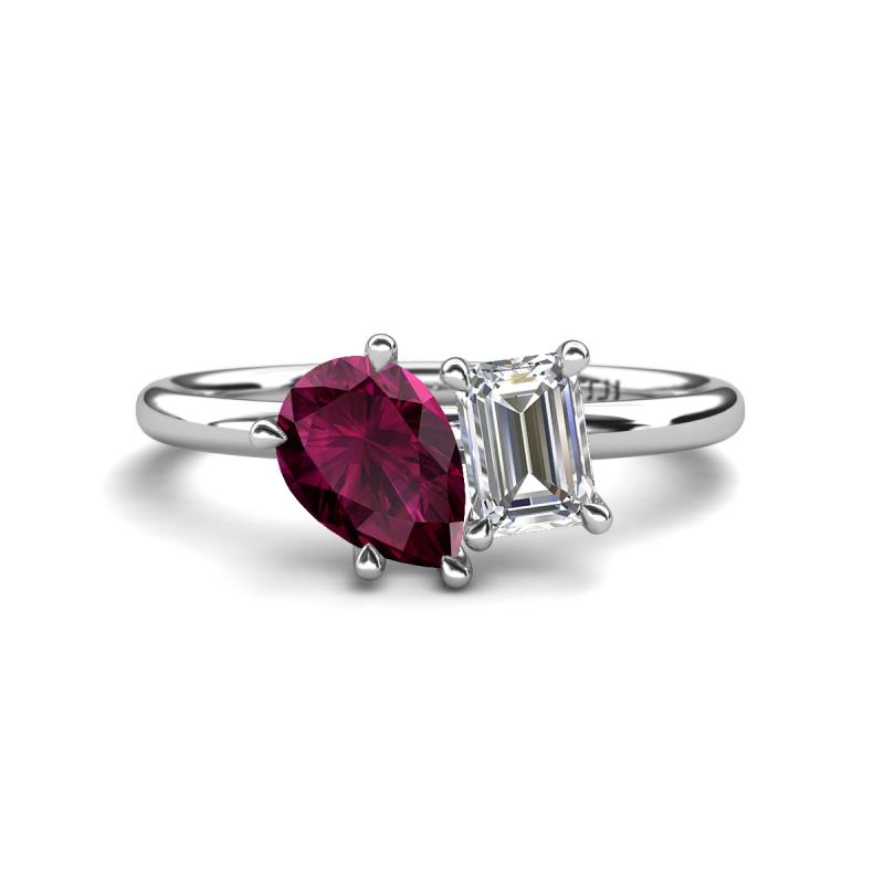 Nadya Pear Shape Rhodolite Garnet & Emerald Shape GIA Certified Diamond 2 Stone Duo Ring 