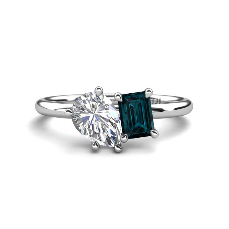 Nadya Pear Shape GIA Certified Diamond & Emerald Shape London Blue Topaz 2 Stone Duo Ring 