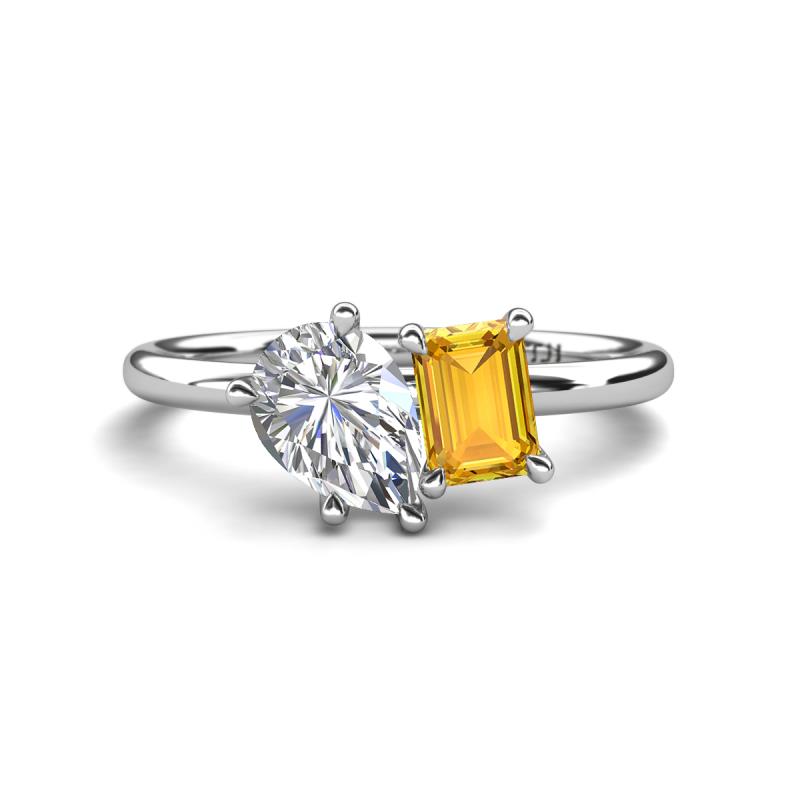 Nadya Pear Shape GIA Certified Diamond & Emerald Shape Citrine 2 Stone Duo Ring 