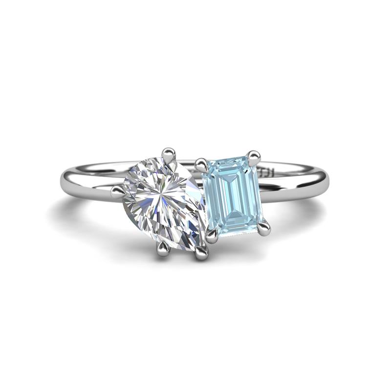 Nadya Pear Shape GIA Certified Diamond & Emerald Shape Aquamarine 2 Stone Duo Ring 