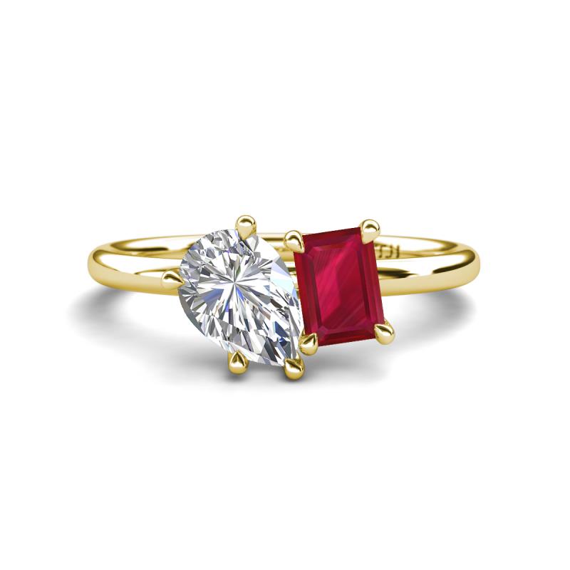 Nadya Pear Shape GIA Certified Diamond & Emerald Shape Ruby 2 Stone Duo Ring 