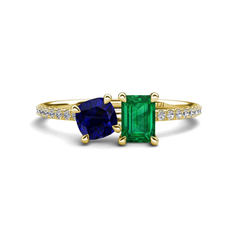 Elyse 6.00 mm Cushion Shape Lab Created Blue Sapphire and 7x5 mm Emerald Shape Lab Created Emerald 2 Stone Duo Ring 