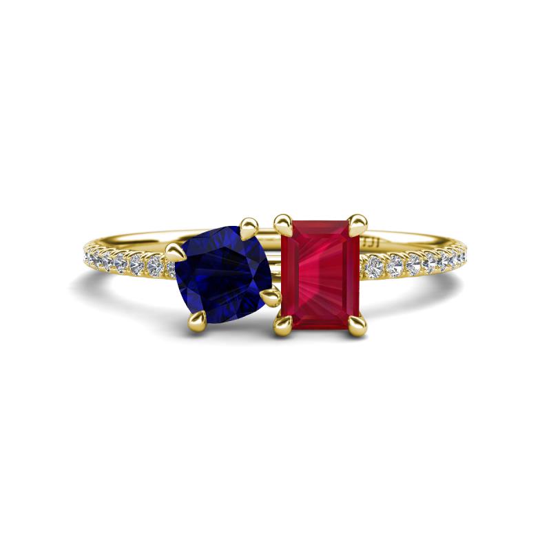 Elyse 6.00 mm Cushion Shape Lab Created Blue Sapphire and 7x5 mm Emerald Shape Lab Created Ruby 2 Stone Duo Ring 