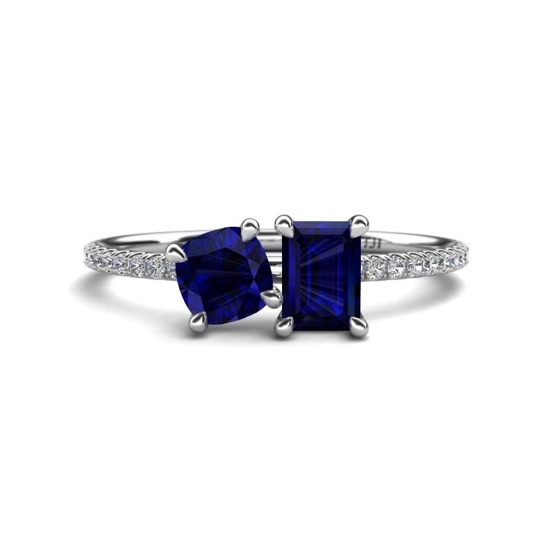 Elyse 6.00 mm Cushion Shape and 7x5 mm Emerald Shape Lab Created Blue Sapphire 2 Stone Duo Ring 