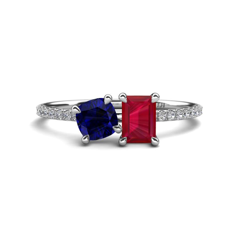 Elyse 6.00 mm Cushion Shape Lab Created Blue Sapphire and 7x5 mm Emerald Shape Lab Created Ruby 2 Stone Duo Ring 