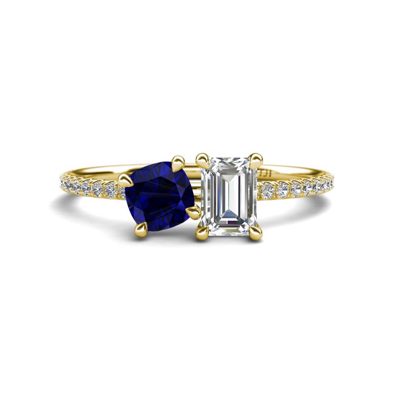 Elyse 6.00 mm Cushion Shape Lab Created Blue Sapphire and GIA Certified 7x5 mm Emerald Shape Diamond 2 Stone Duo Ring 