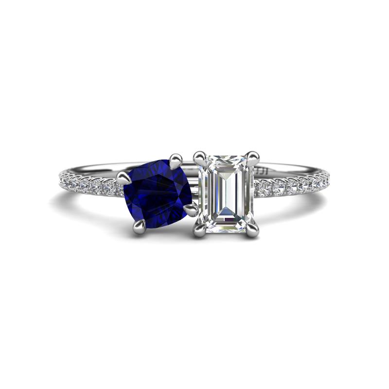 Elyse 6.00 mm Cushion Shape Lab Created Blue Sapphire and 7x5 mm Emerald Shape Forever One Moissanite 2 Stone Duo Ring 