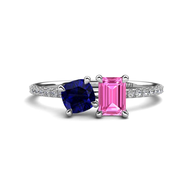Elyse 6.00 mm Cushion Shape Lab Created Blue Sapphire and 7x5 mm Emerald Shape Lab Created Pink Sapphire 2 Stone Duo Ring 