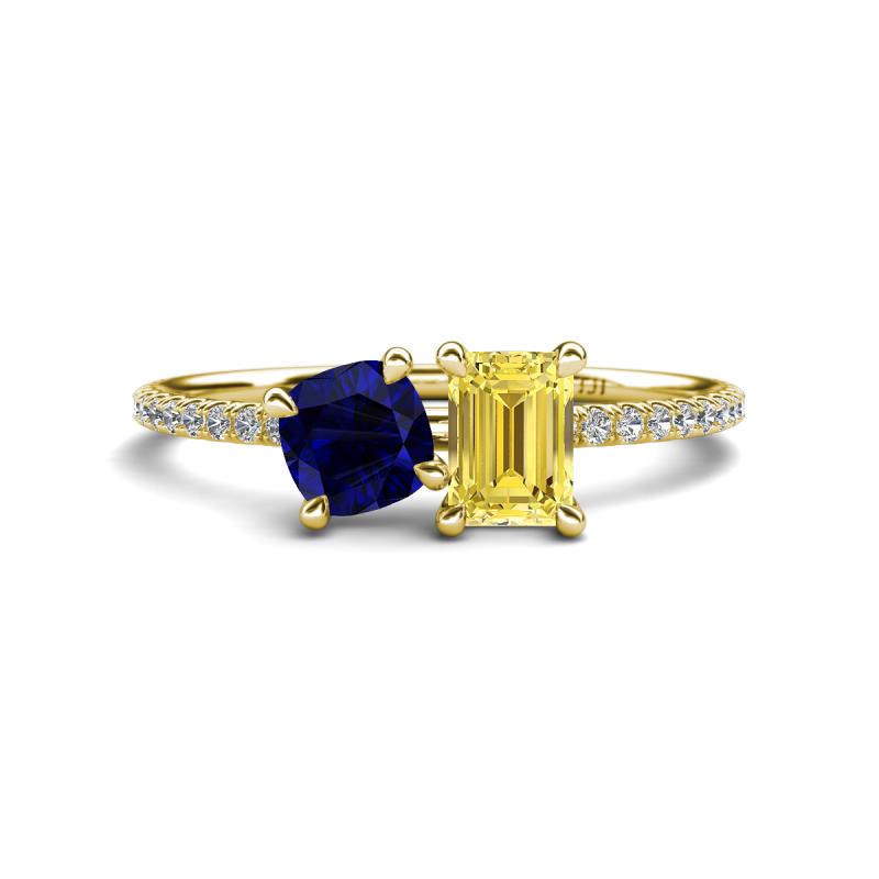 Elyse 6.00 mm Cushion Shape Lab Created Blue Sapphire and 7x5 mm Emerald Shape Lab Created Yellow Sapphire 2 Stone Duo Ring 