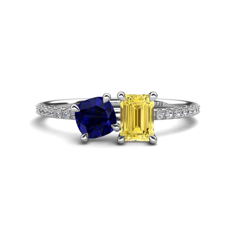 Elyse 6.00 mm Cushion Shape Lab Created Blue Sapphire and 7x5 mm Emerald Shape Lab Created Yellow Sapphire 2 Stone Duo Ring 