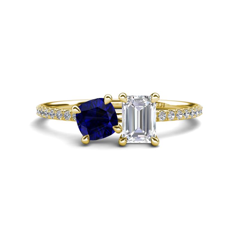 Elyse 6.00 mm Cushion Shape Lab Created Blue Sapphire and 7x5 mm Emerald Shape White Sapphire 2 Stone Duo Ring 