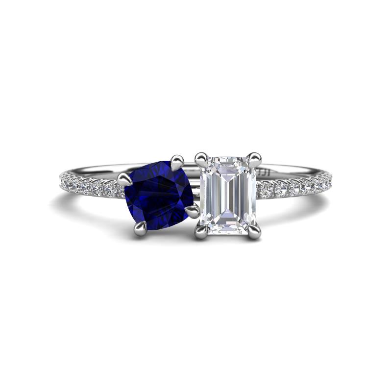 Elyse 6.00 mm Cushion Shape Lab Created Blue Sapphire and 7x5 mm Emerald Shape White Sapphire 2 Stone Duo Ring 