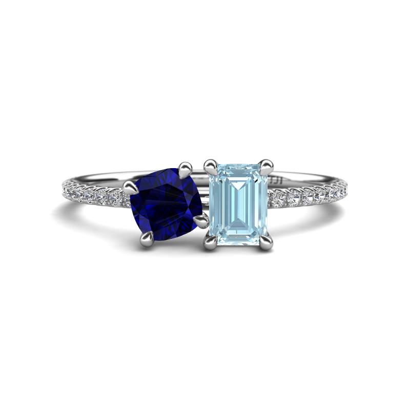 Elyse 6.00 mm Cushion Shape Lab Created Blue Sapphire and 7x5 mm Emerald Shape Aquamarine 2 Stone Duo Ring 