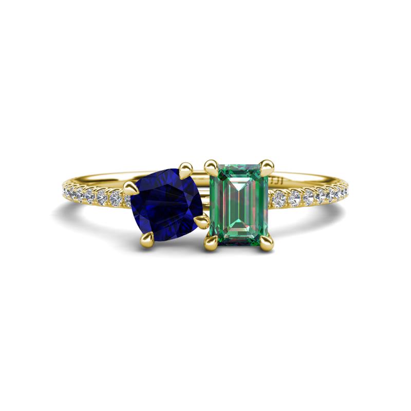 Elyse 6.00 mm Cushion Shape Lab Created Blue Sapphire and 7x5 mm Emerald Shape Lab Created Alexandrite 2 Stone Duo Ring 