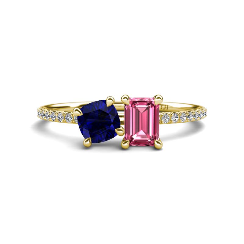 Elyse 6.00 mm Cushion Shape Lab Created Blue Sapphire and 7x5 mm Emerald Shape Pink Tourmaline 2 Stone Duo Ring 