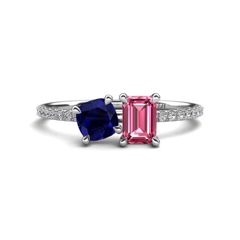 Elyse 6.00 mm Cushion Shape Lab Created Blue Sapphire and 7x5 mm Emerald Shape Pink Tourmaline 2 Stone Duo Ring 