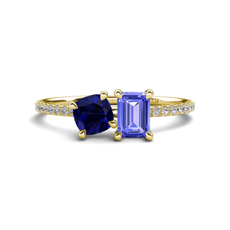 Elyse 6.00 mm Cushion Shape Lab Created Blue Sapphire and 7x5 mm Emerald Shape Tanzanite 2 Stone Duo Ring 