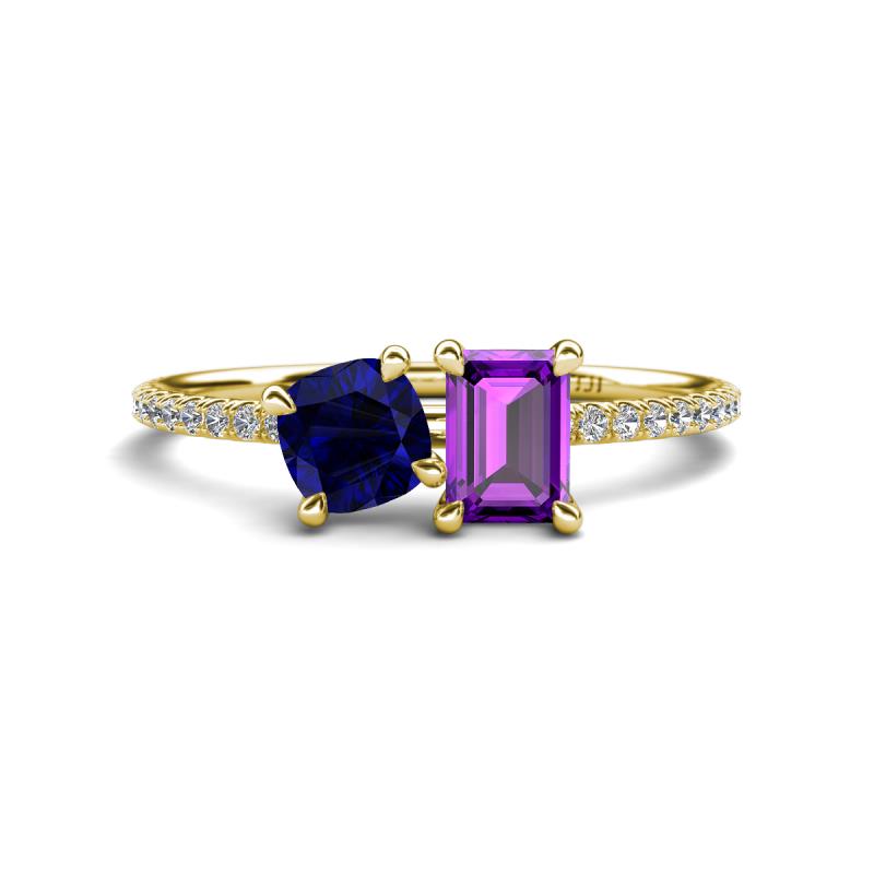 Elyse 6.00 mm Cushion Shape Lab Created Blue Sapphire and 7x5 mm Emerald Shape Amethyst 2 Stone Duo Ring 