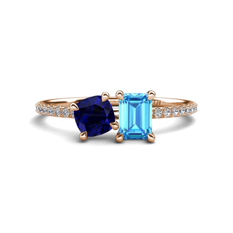 Elyse 6.00 mm Cushion Shape Lab Created Blue Sapphire and 7x5 mm Emerald Shape Blue Topaz 2 Stone Duo Ring 