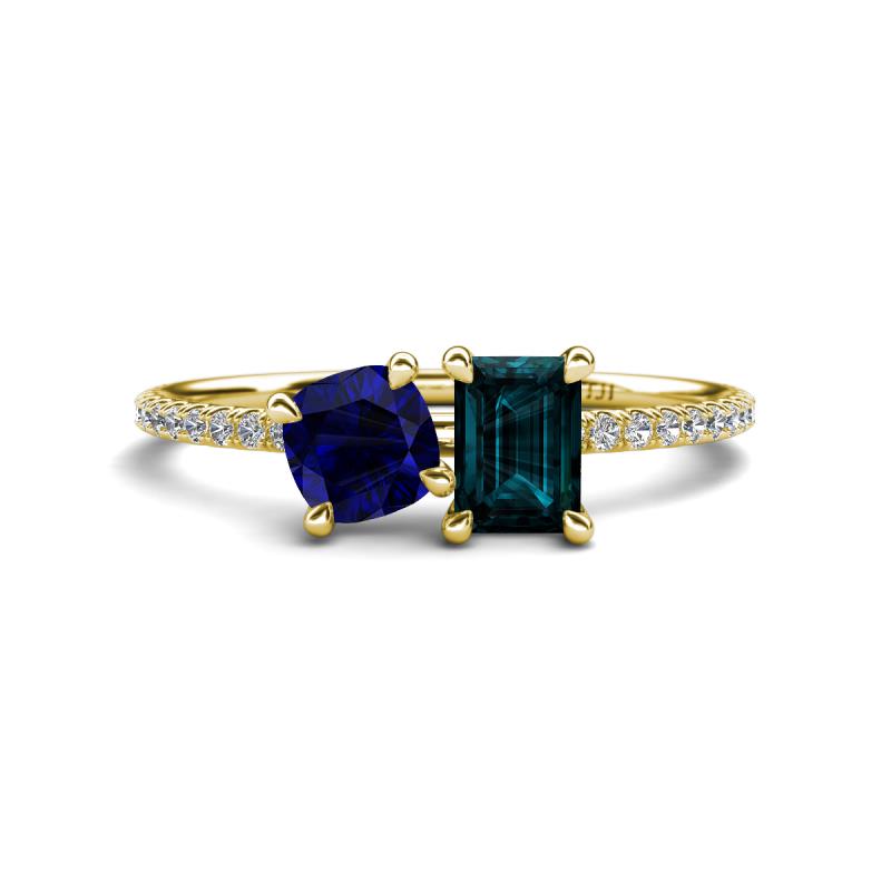Elyse 6.00 mm Cushion Shape Lab Created Blue Sapphire and 7x5 mm Emerald Shape London Blue Topaz 2 Stone Duo Ring 