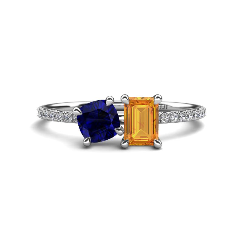 Elyse 6.00 mm Cushion Shape Lab Created Blue Sapphire and 7x5 mm Emerald Shape Citrine 2 Stone Duo Ring 