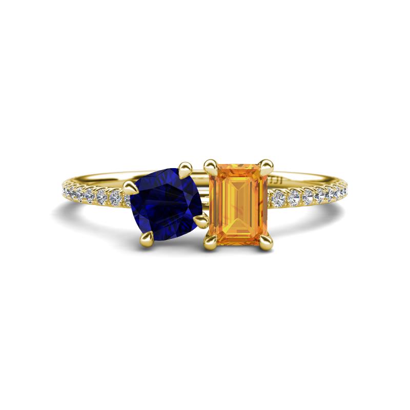 Elyse 6.00 mm Cushion Shape Lab Created Blue Sapphire and 7x5 mm Emerald Shape Citrine 2 Stone Duo Ring 