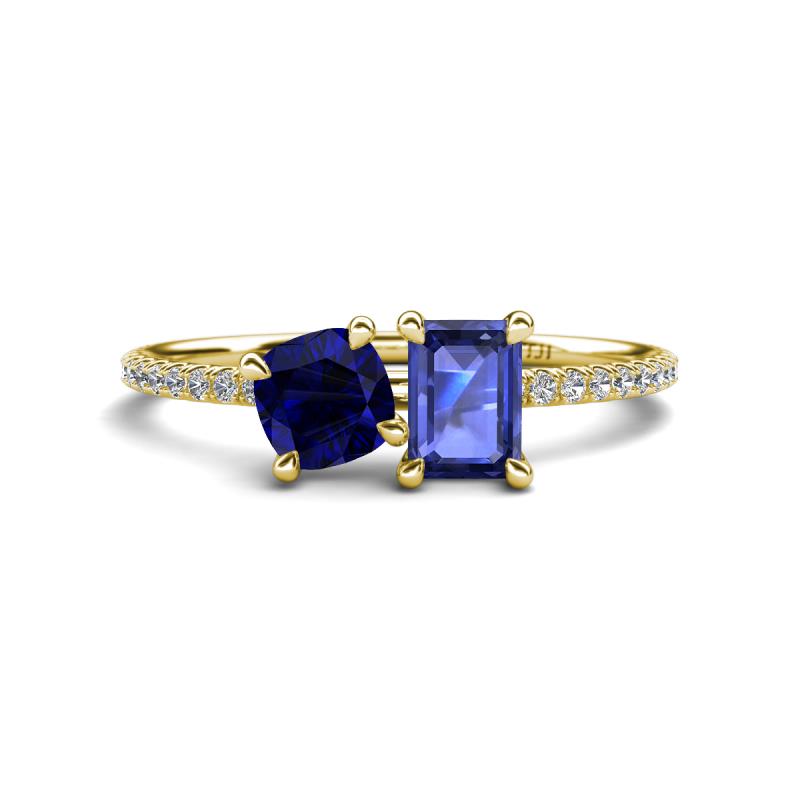 Elyse 6.00 mm Cushion Shape Lab Created Blue Sapphire and 7x5 mm Emerald Shape Iolite 2 Stone Duo Ring 