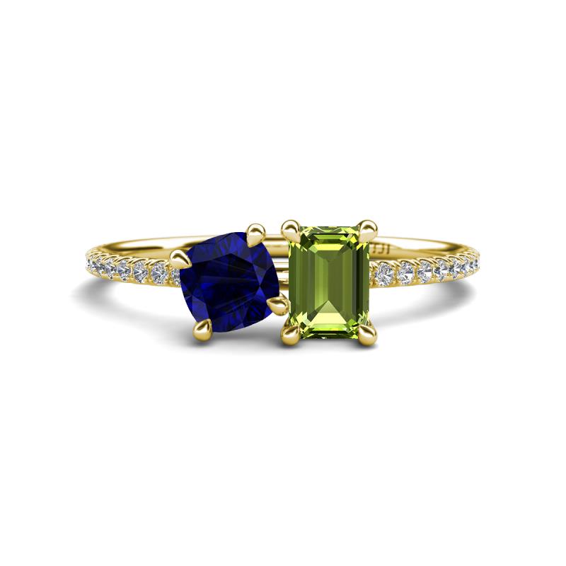 Elyse 6.00 mm Cushion Shape Lab Created Blue Sapphire and 7x5 mm Emerald Shape Peridot 2 Stone Duo Ring 