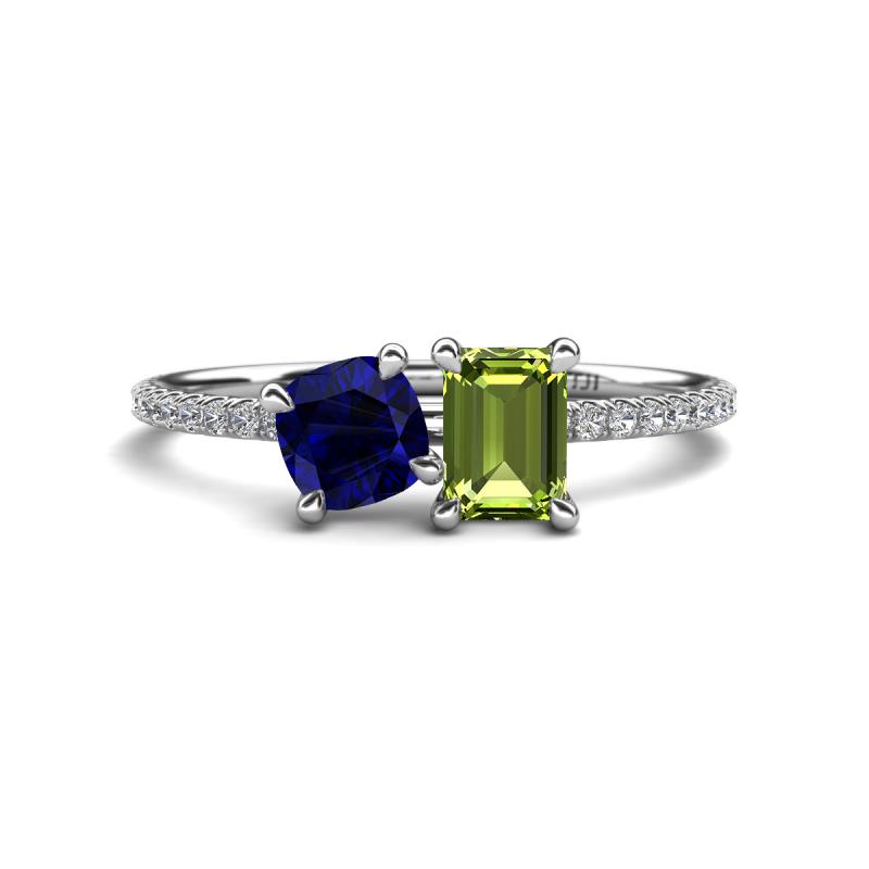 Elyse 6.00 mm Cushion Shape Lab Created Blue Sapphire and 7x5 mm Emerald Shape Peridot 2 Stone Duo Ring 