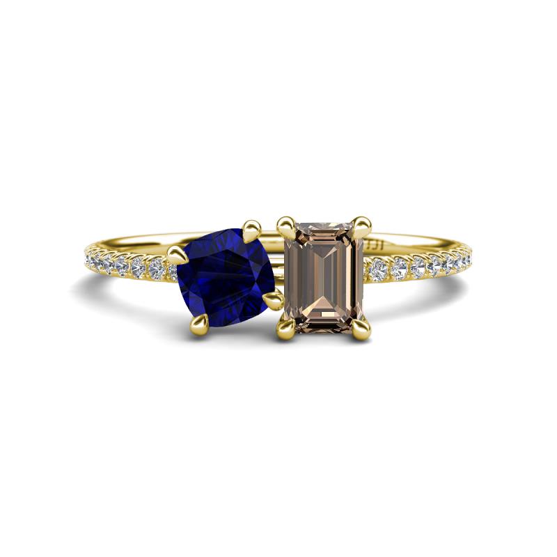 Elyse 6.00 mm Cushion Shape Lab Created Blue Sapphire and 7x5 mm Emerald Shape Smoky Quartz 2 Stone Duo Ring 