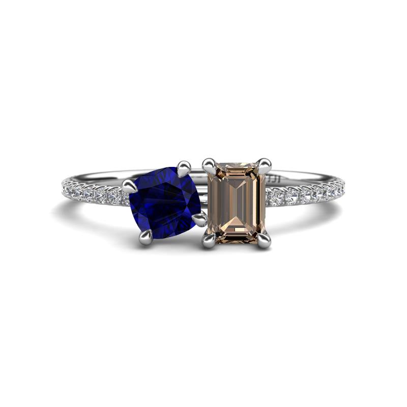 Elyse 6.00 mm Cushion Shape Lab Created Blue Sapphire and 7x5 mm Emerald Shape Smoky Quartz 2 Stone Duo Ring 