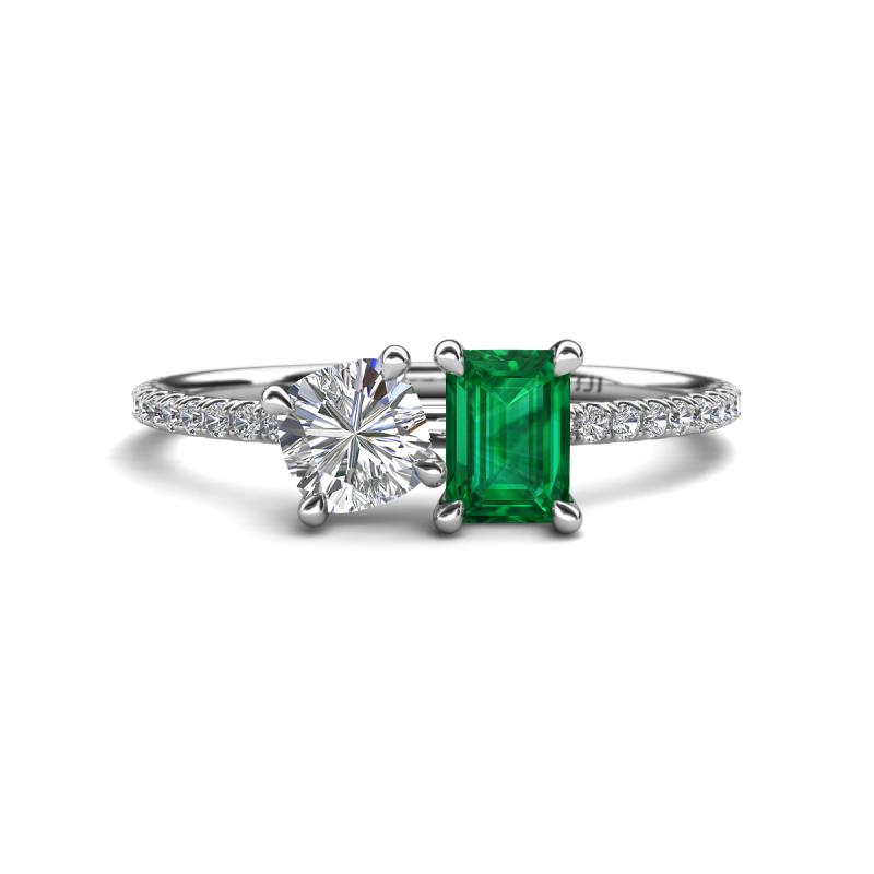 Elyse GIA Certified 6.00 mm Cushion Shape Diamond and 7x5 mm Emerald Shape Lab Created Emerald 2 Stone Duo Ring 