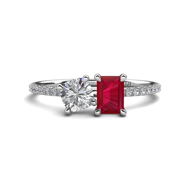 Elyse GIA Certified 6.00 mm Cushion Shape Diamond and 7x5 mm Emerald Shape Lab Created Ruby 2 Stone Duo Ring 