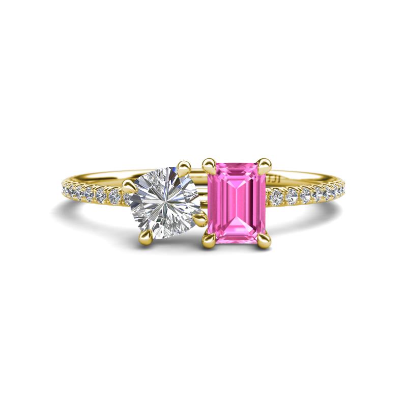 Elyse GIA Certified 6.00 mm Cushion Shape Diamond and 7x5 mm Emerald Shape Lab Created Pink Sapphire 2 Stone Duo Ring 
