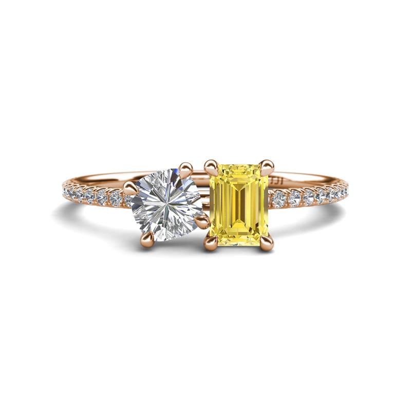 Elyse GIA Certified 6.00 mm Cushion Shape Diamond and 7x5 mm Emerald Shape Lab Created Yellow Sapphire 2 Stone Duo Ring 