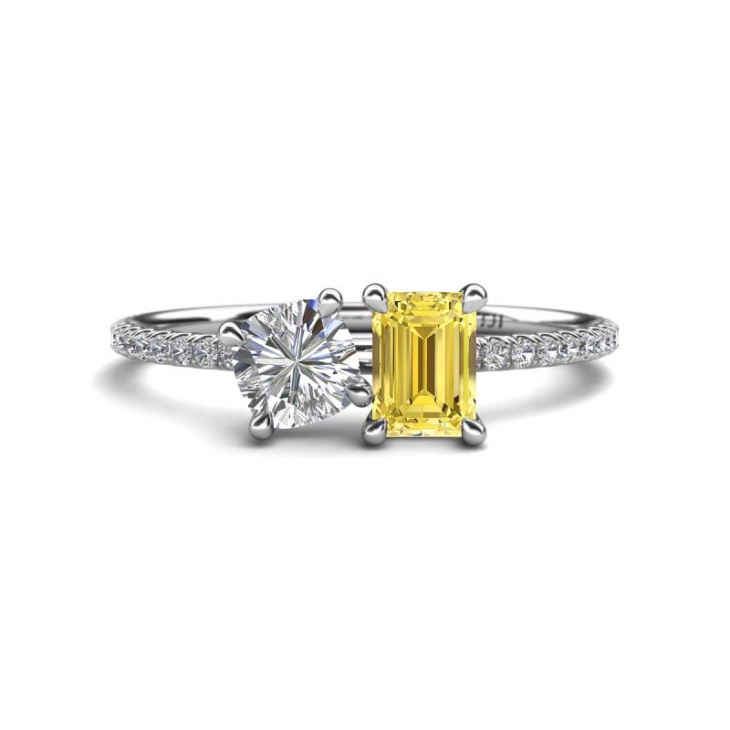 Elyse GIA Certified 6.00 mm Cushion Shape Diamond and 7x5 mm Emerald Shape Lab Created Yellow Sapphire 2 Stone Duo Ring 