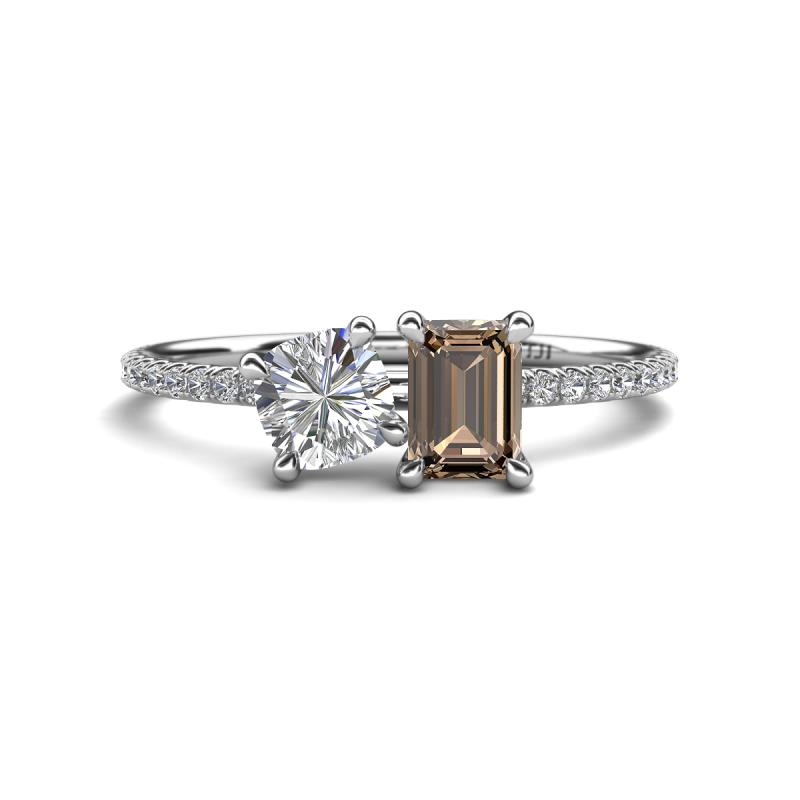 Elyse GIA Certified 6.00 mm Cushion Shape Diamond and 7x5 mm Emerald Shape Smoky Quartz 2 Stone Duo Ring 
